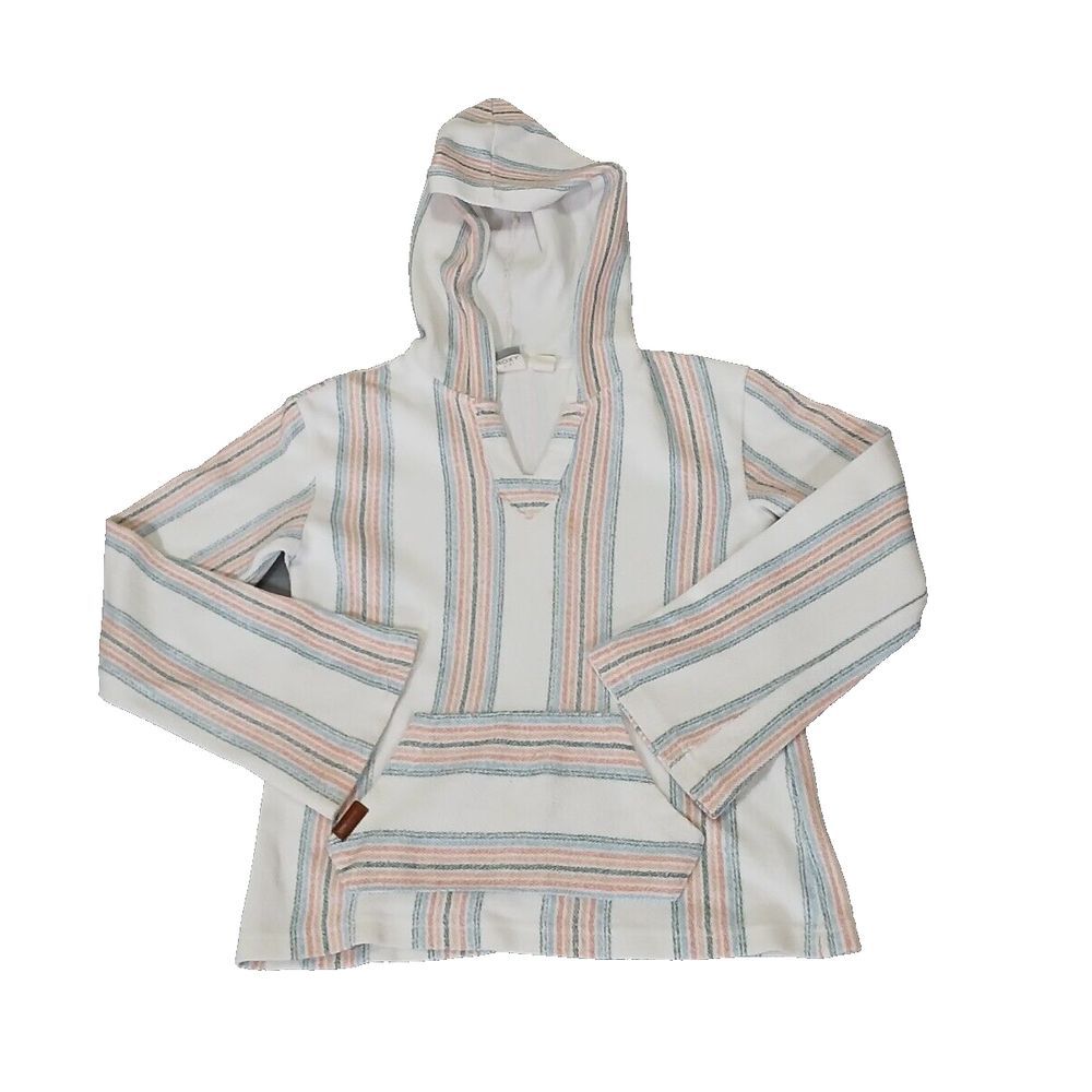 Roxy Girl Call Of The Ocean Poncho Hoodie Size 12/L White Orange Blue/Striped